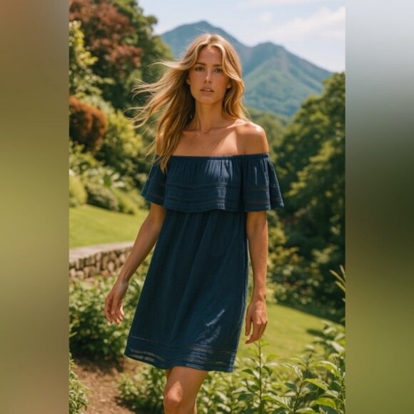 Wilfred Aritzia Emmie Mini Dress Lace Off the Shoulder Eyelet Blue boho chic 2XS - Picture 1 of 16